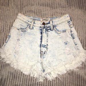 High waisted, bleached/distressed denim shorts